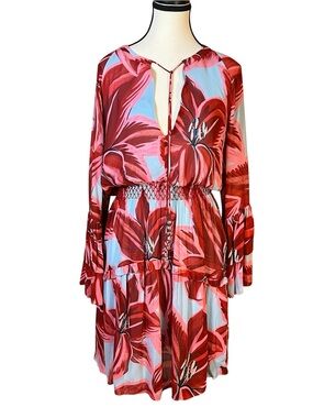 FARM RIO Azalea Mini Dress Women’s Size M Red Blue Tropical Floral Long Sleeve